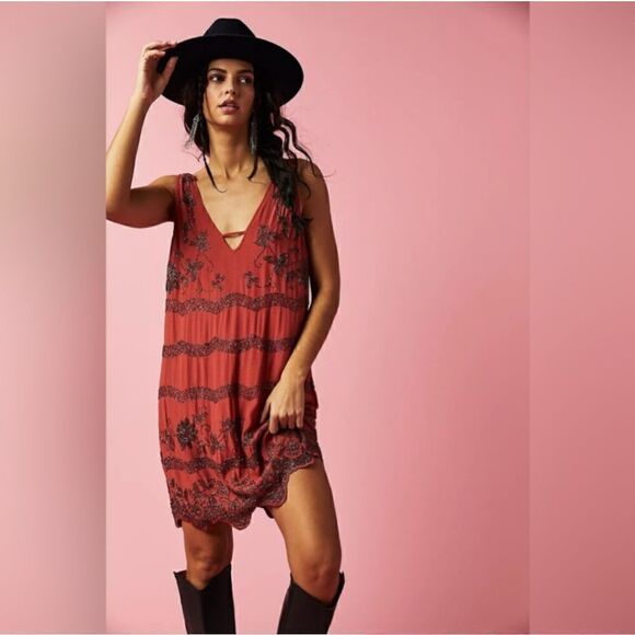 Free People Red Bali Mad Love embellished beaded boho mini dress size S - Picture 1 of 12
